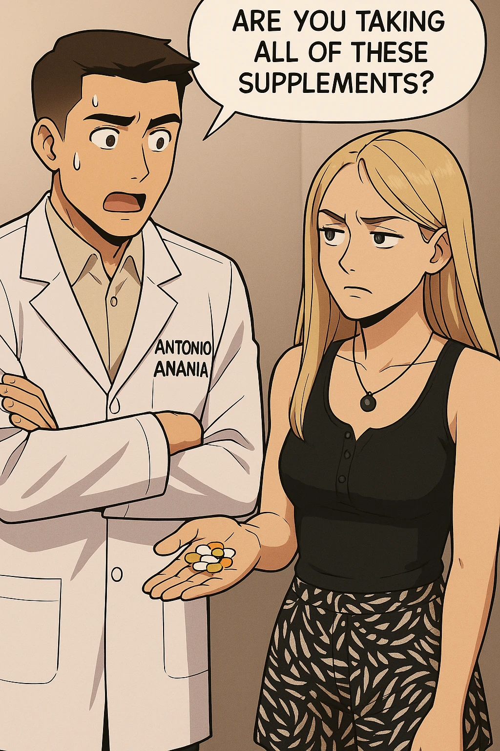 fai un webtoon/manga a colori con questo kinesiologo in camice bianco (fagli la scritta "ANTONIO ANANIA" SUL CAMICE) CHE PARLA CON QUESTA RAGAZZA. LA RAGAZZA HA UN PUGNO DI INTEGRATORI IN MANO (TANTE PILLOLE DIVERSE) E LE GUARDA DUBBIOSA. IL KINESIOLOGO CON IL CAMICE BIANCO LE DOMANDA UNA COSA SCIOCCATO. NON FARE I FUMETTI, FAI SOLO LORO COME SE DIALOGASSERO emoji