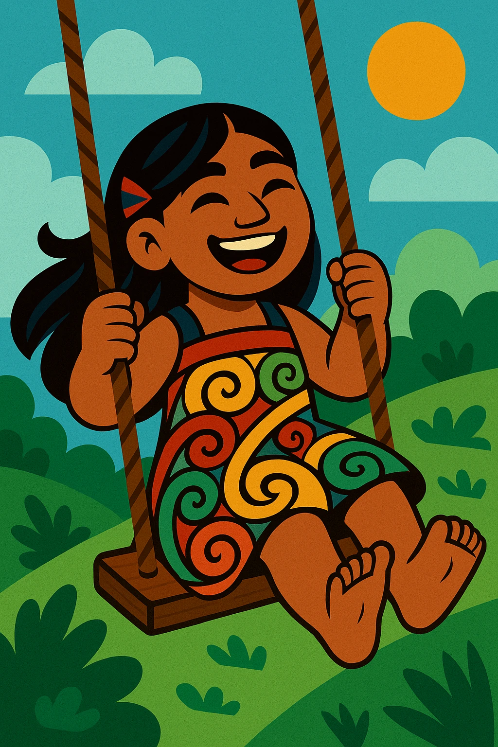 A Maori girl with long dark hair, swinging on a wooden swing, smiling, with a koru pattern on her dress, stylized and colorful emoji