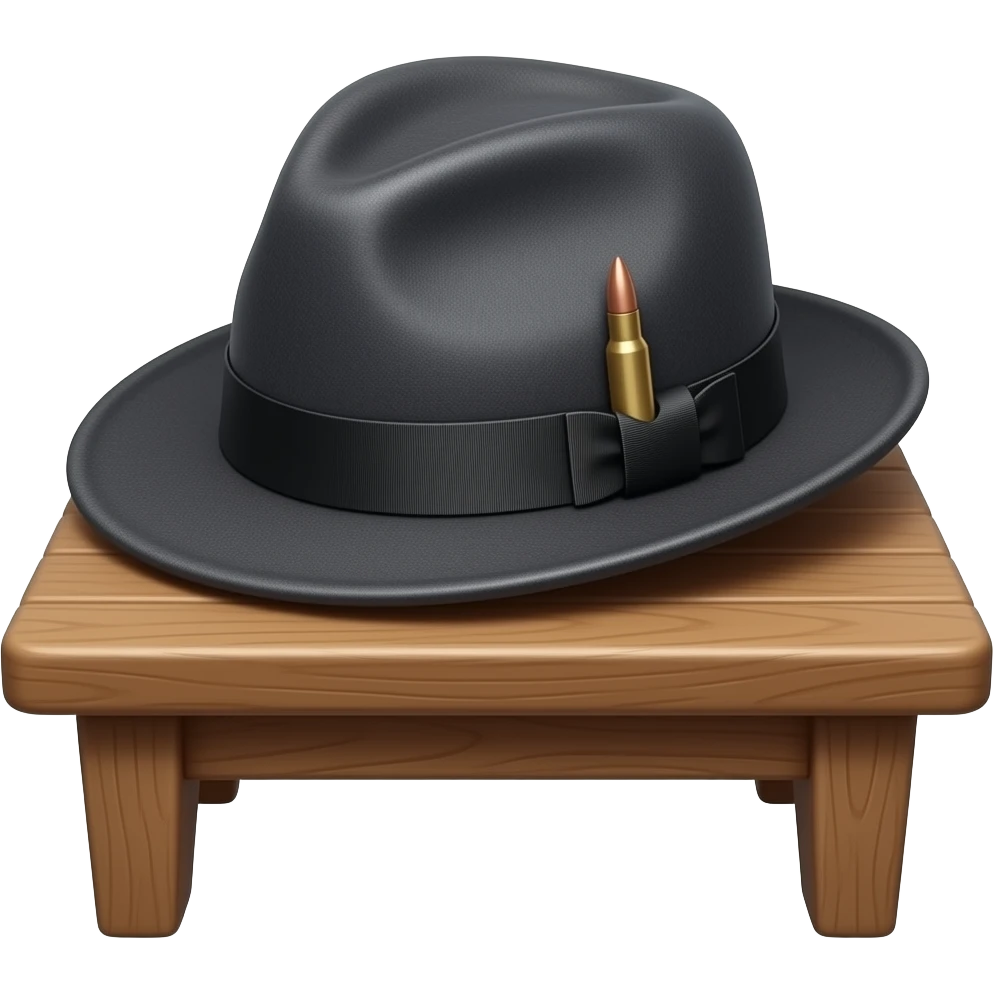 (вид сверху): классическая фетровая шляпа. На верхней ленте закреплена пуля BOSS. На краю деревянного стола. Стилизованный реализм, темные тона, резкие тени. emoji