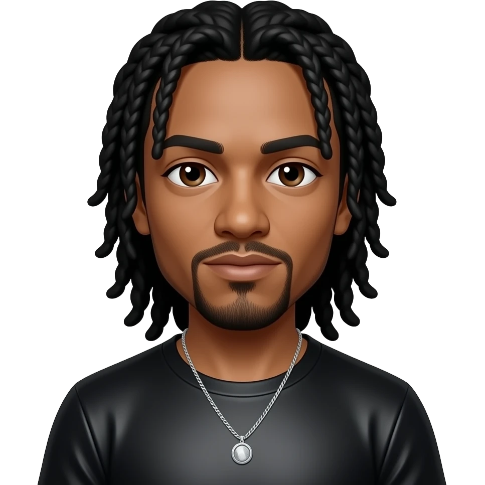 Bizzy Bone from Bone Thugs-n-Harmony with light skin, dark brown eyes, long black hair, black metallic t-shirt, necklace emoji