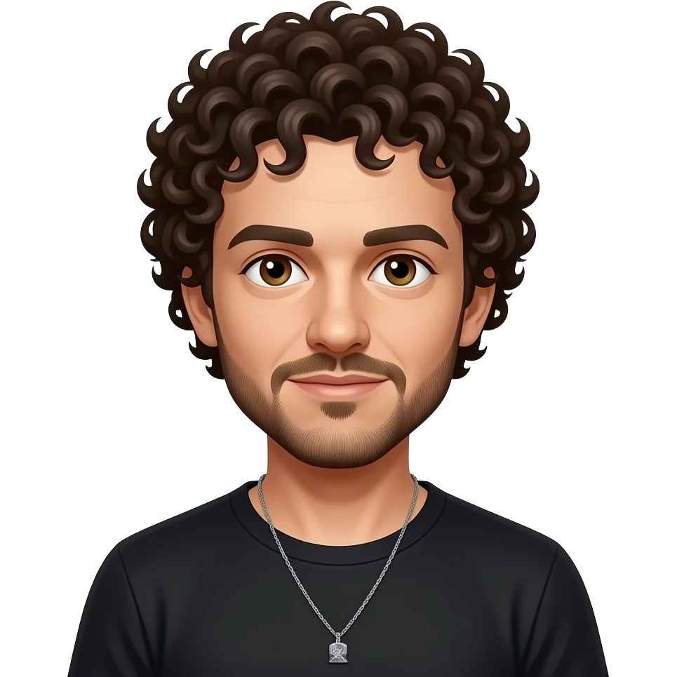 Brad Delson from Linkin Park with dark brown eyes, dark brown afro curly hair, black metallic t-shirt, necklace emoji