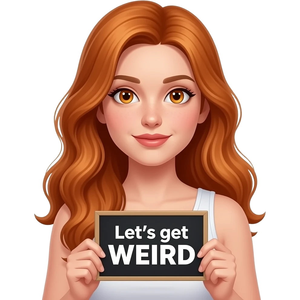 sexy girl with long ginger hair and ginger eyes wearing a white tanktop is holding a black sign with Let's get WEIRD written on it emoji