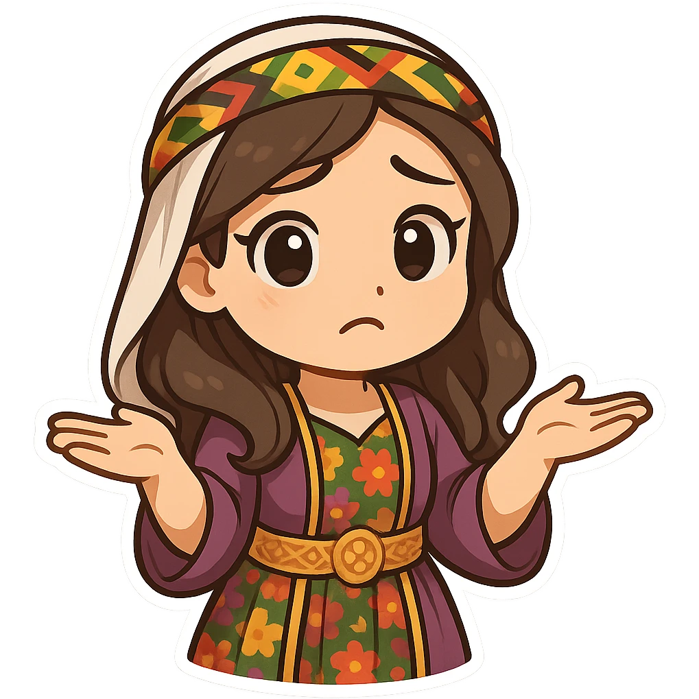Kurdish woman in a new dress, shrugging shoulders with palms up, confused or 'I don't know' expression, no text emoji