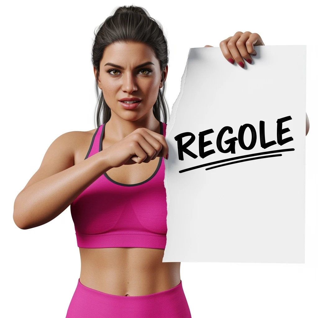 DONNA FITNESS CHE STRAPPA UN FOGLIO CON LA SCRITTA "REGOLE", IPERREALISTICA 4K, SENZA SFONDO emoji
