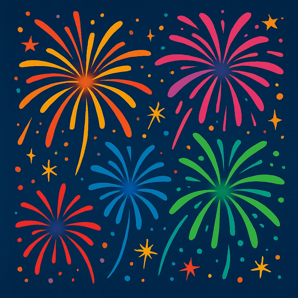 colorful firework exploding in the night sky, bright trails, sparkling, festive emoji