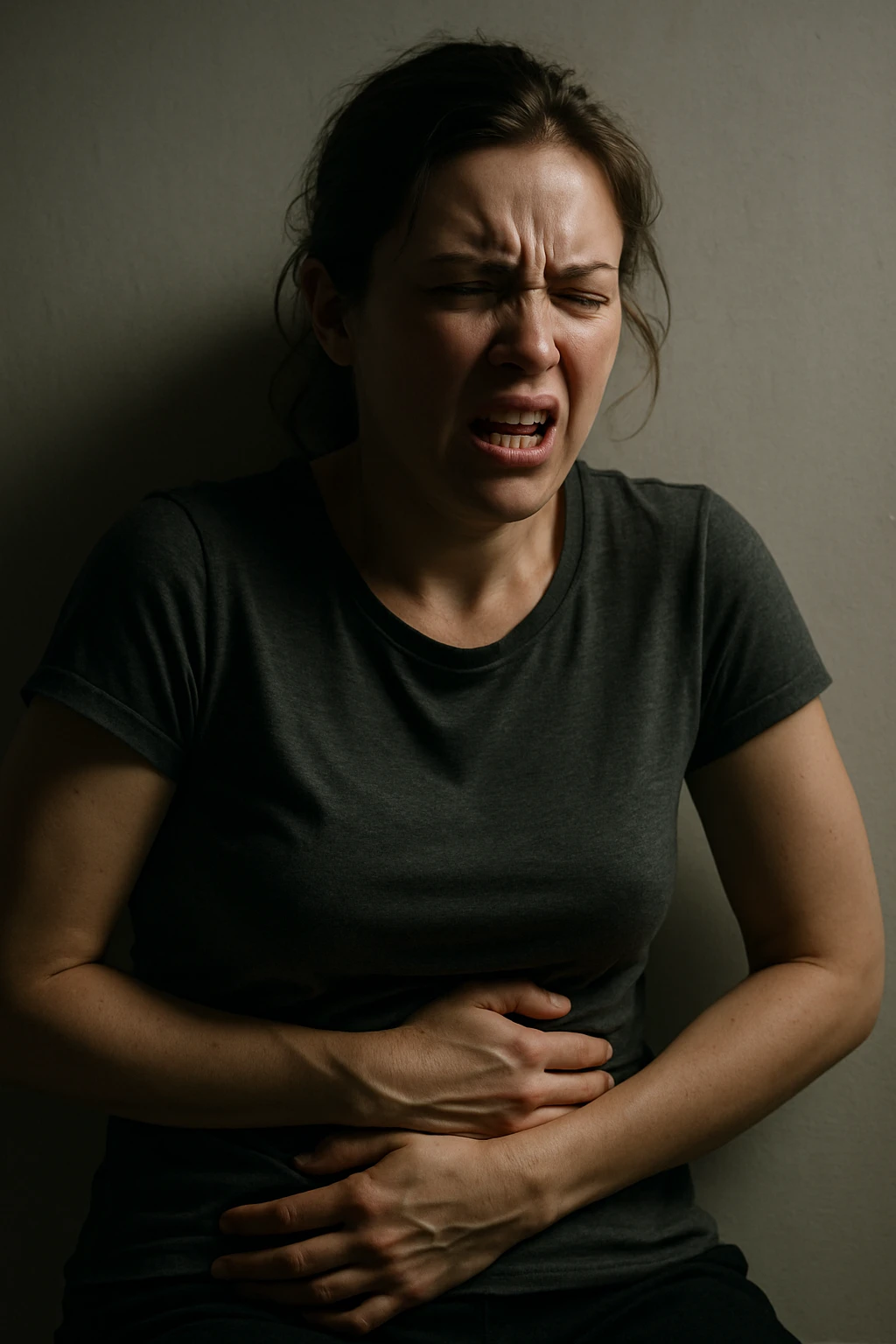 realistic and cinematic image of a woman with severe cramps and irritability from premenstrual syndrome, realistic details, clinical dramatic lighting, no text, vertical format 2:3 emoji