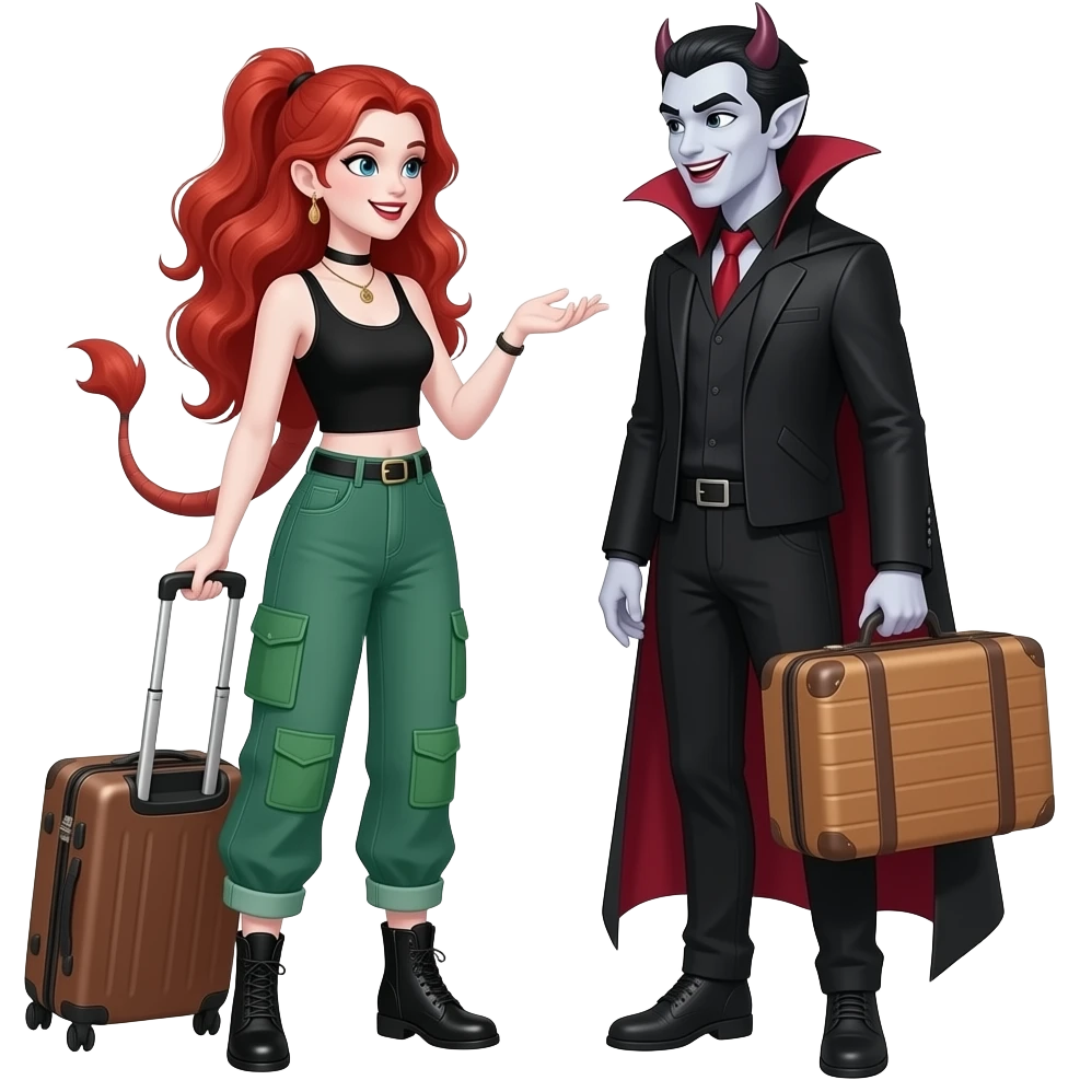 Vampiro femmina con pelle bianca e capelli rosso ondulati lunghi raccolti in una coda che indossa dei jeans verdi larghi con 4 tasche verdi, un top-canottiera nero e degli anfibi corti neri e che tiene in mano una valigia e sta chiacchierando con la sua amica VAMPIRO che tiene anche lei una valigia emoji