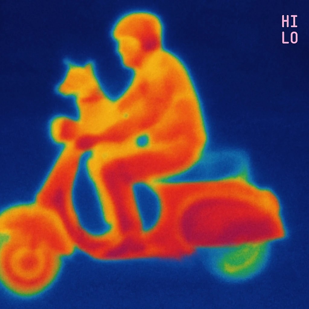 man and his pet dog riding a vespa emoji