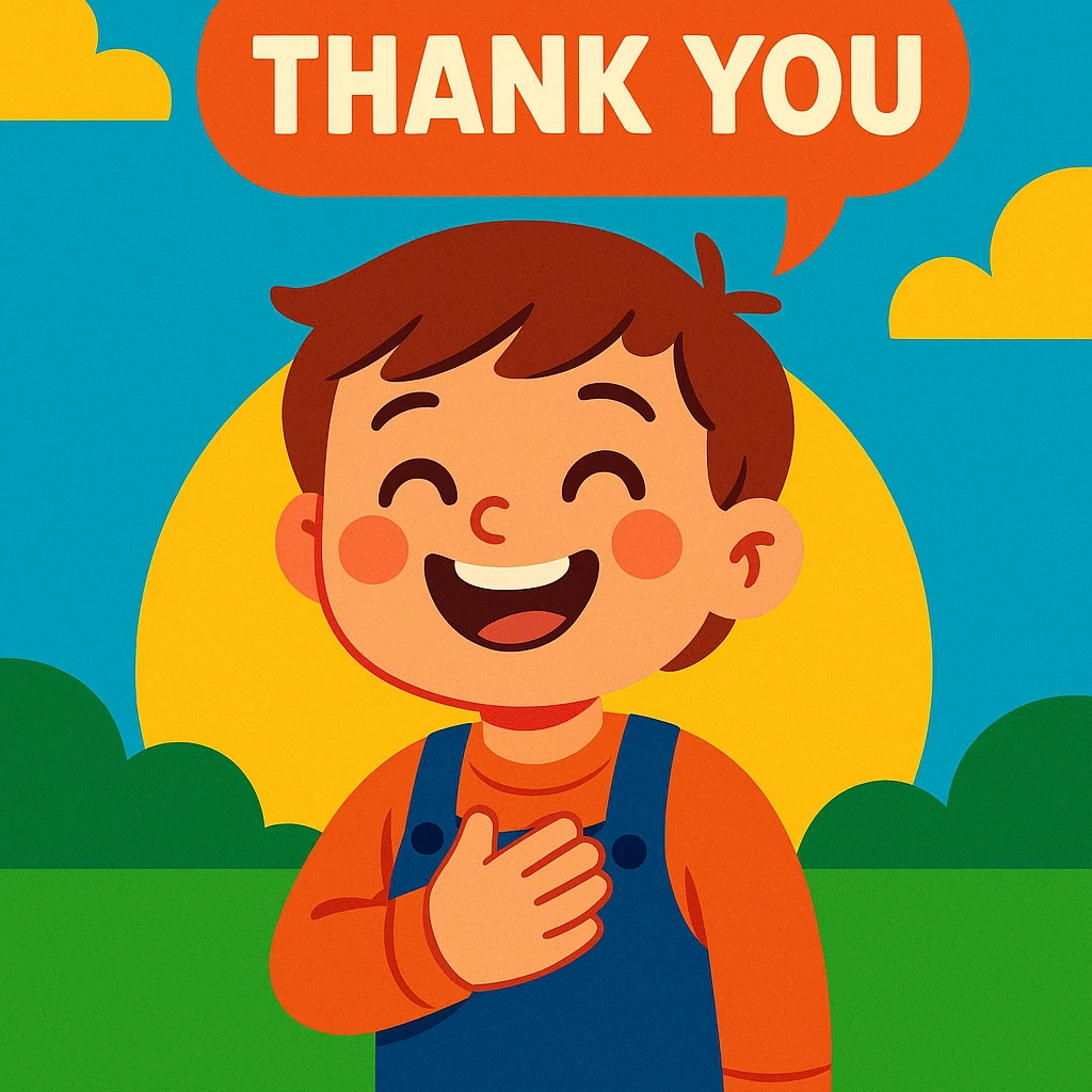 a child saying 'thank you' with a smile, etiquette theme, vibrant toon style emoji