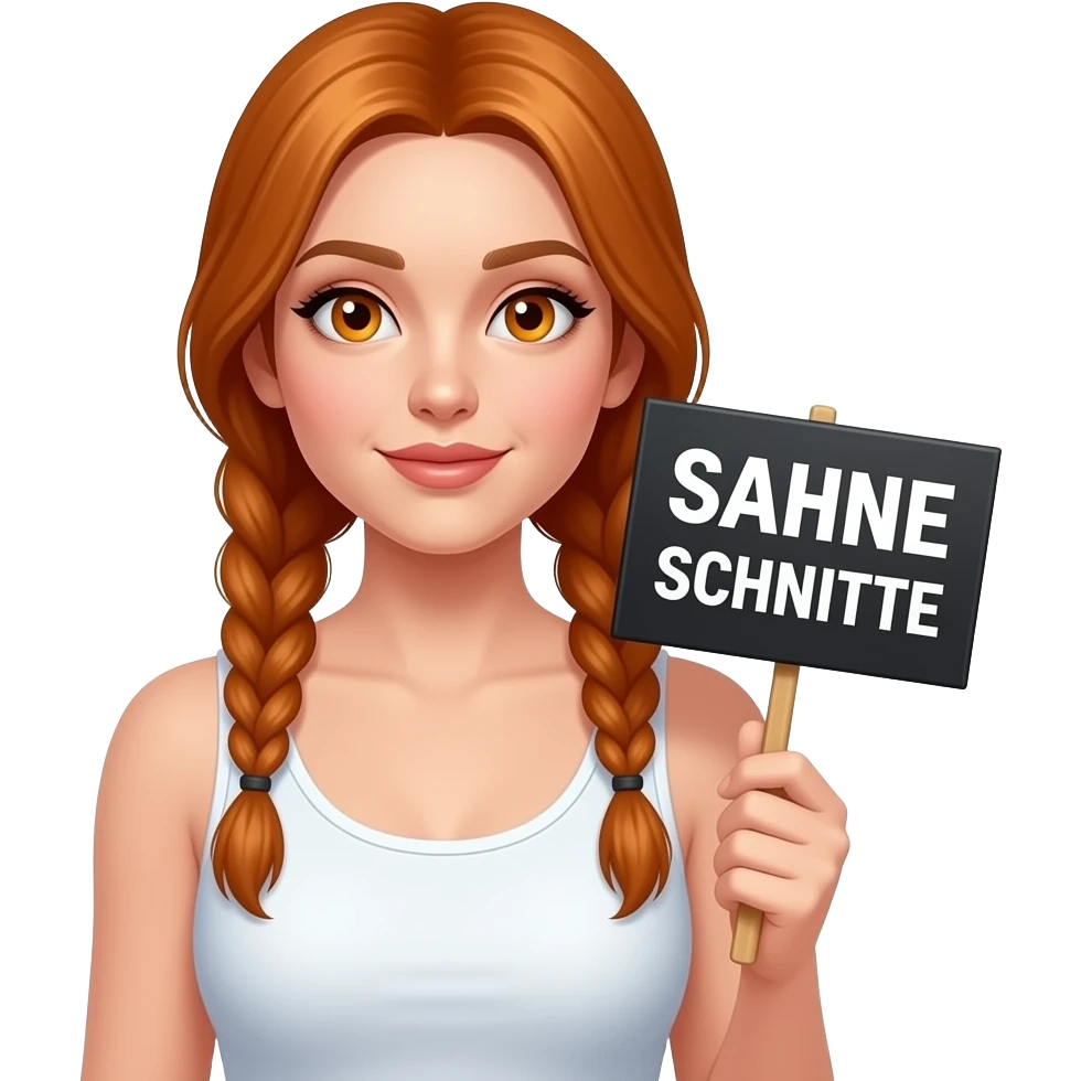 sexy girl with long ginger braids and ginger eyes wearing a white tanktop is holding a black sign with SAHNE SCHNITTE written on it emoji