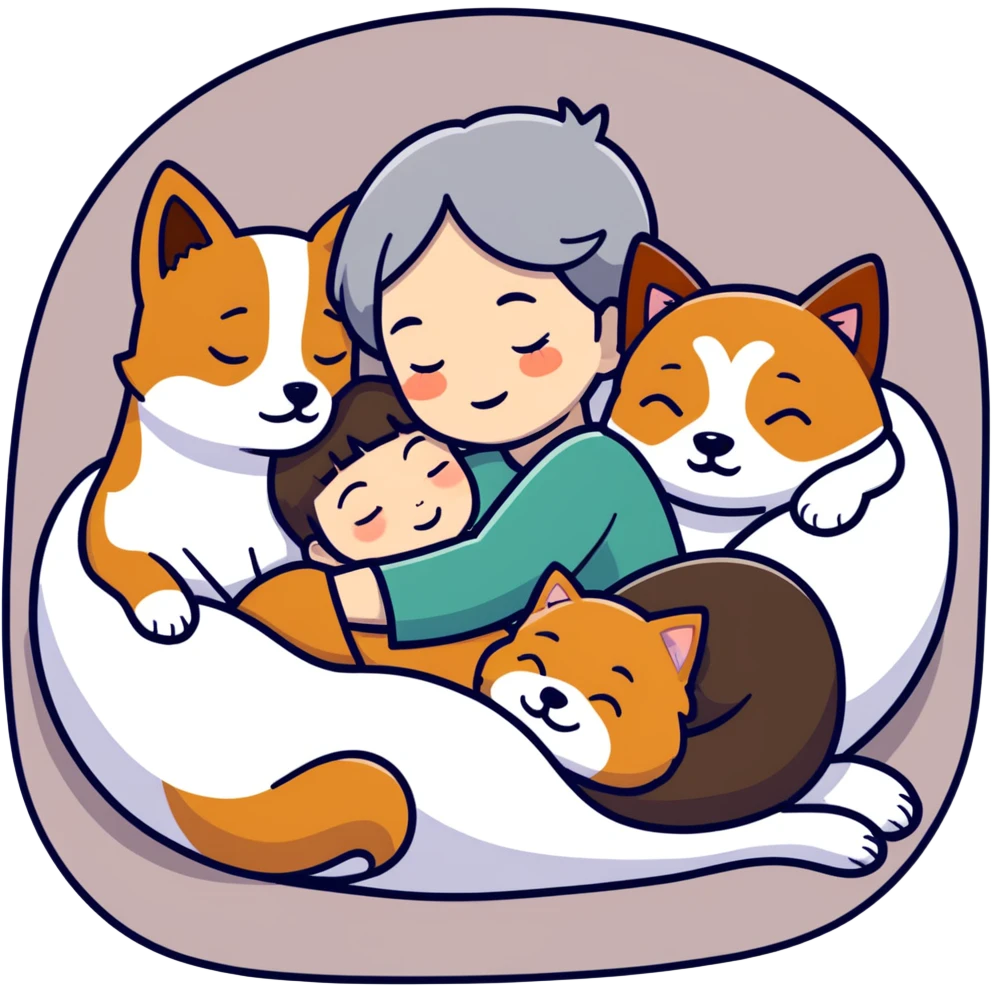 Create a short hair gray hair girl and a brown hair boy sleeping cuddling with a shiba and a Yorkshire terrier and a jack Russel terrier  emoji