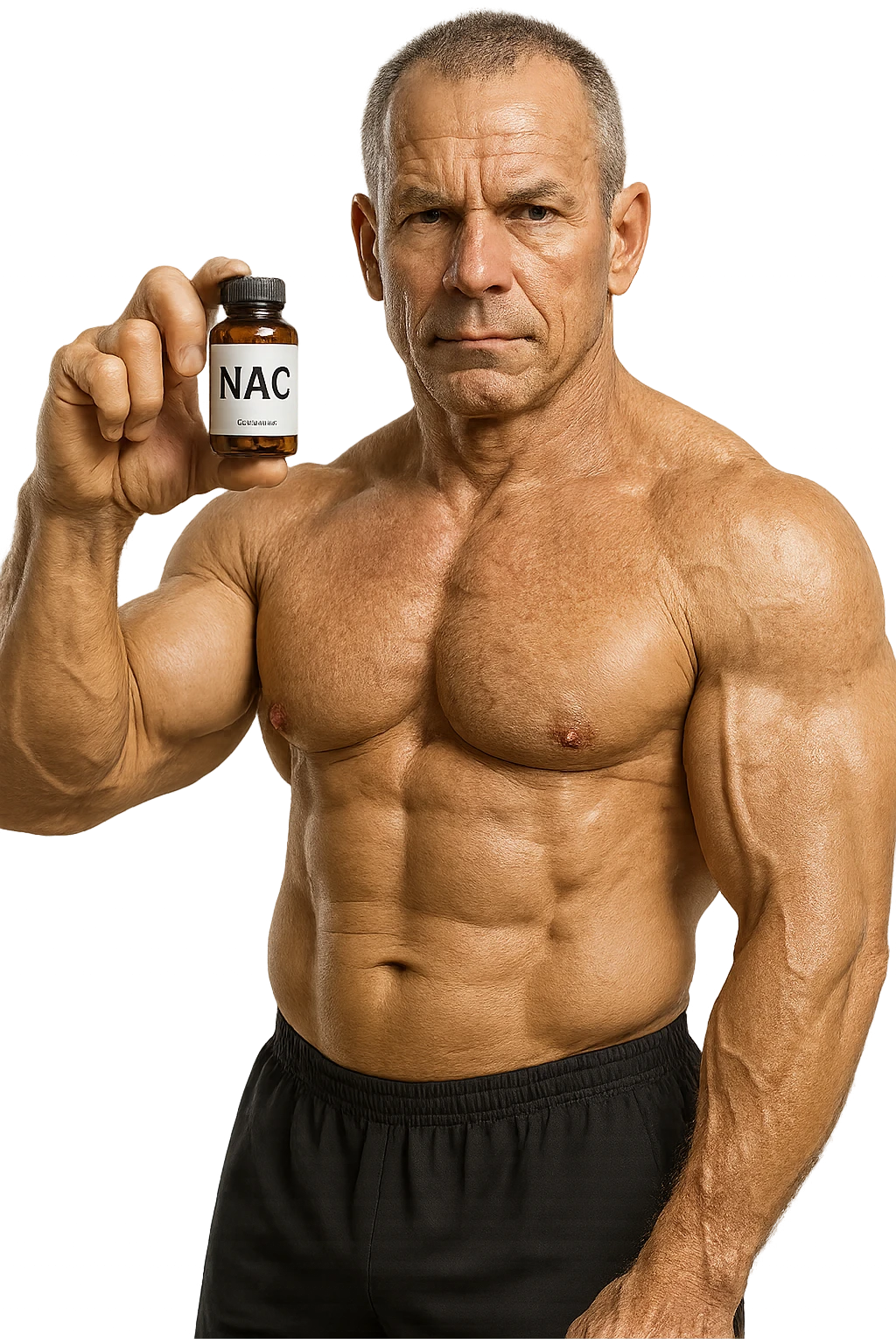 BODYBUILDER 50ENNE CHE TIENE IN MANO UNA BOCCETTA CON LA SCRITTA "NAC" SULL'ETICHETTA, IPERREALISTICA 4K emoji