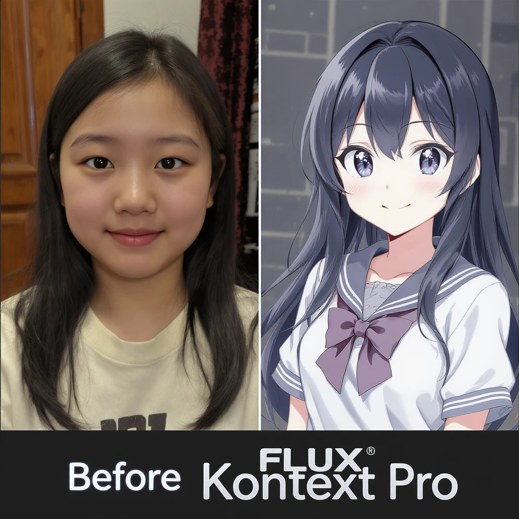 create before after image of a girl before is realsitic photo, after is anime version of her in same pose and clothes, add logo with text of a "FLUX Kontext Pro" emoji