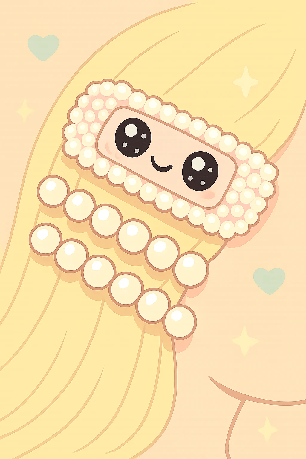 Make this pearl hair clip kawaii style with a cute face and pastel colors, keeping it delicate and sweet. emoji