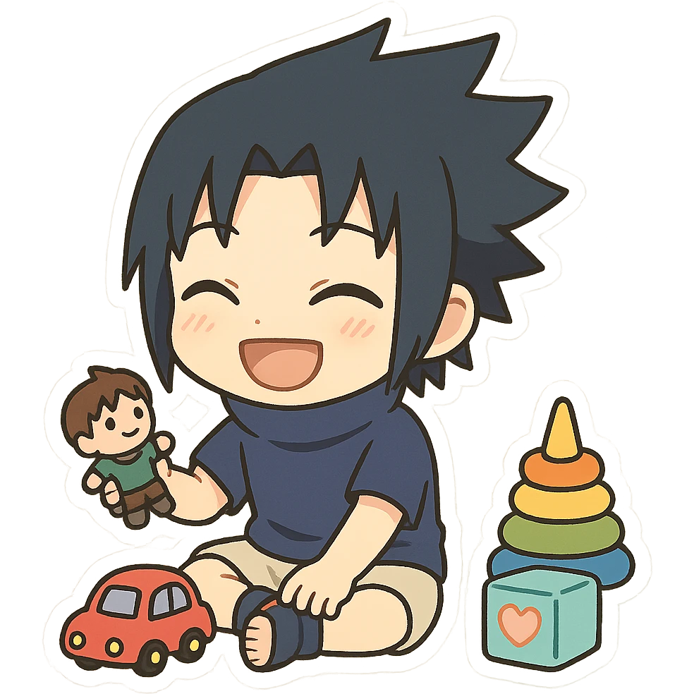 Kid Sasuke, playing with toys with a bright smile, adorable chibi sticker, innocent version of Sasuke emoji