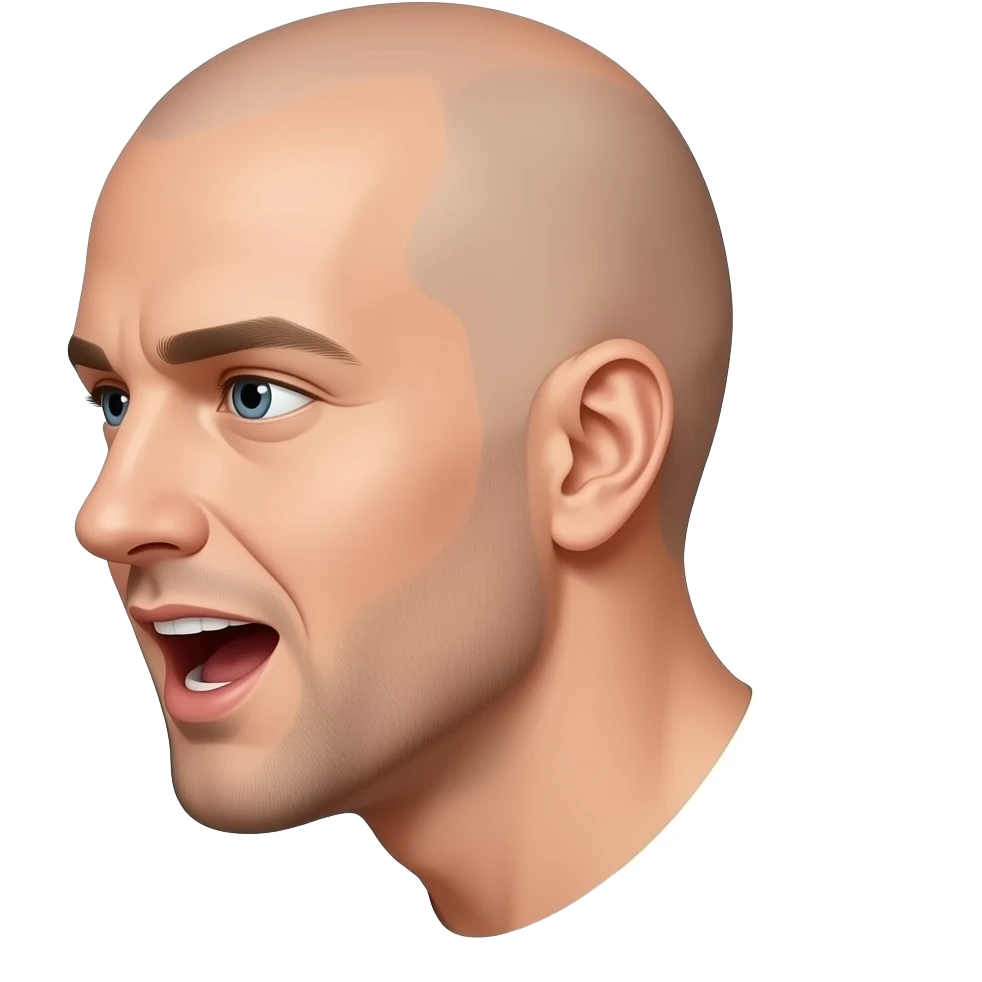 a bald man looking directly to the side, talking with an open mouth emoji