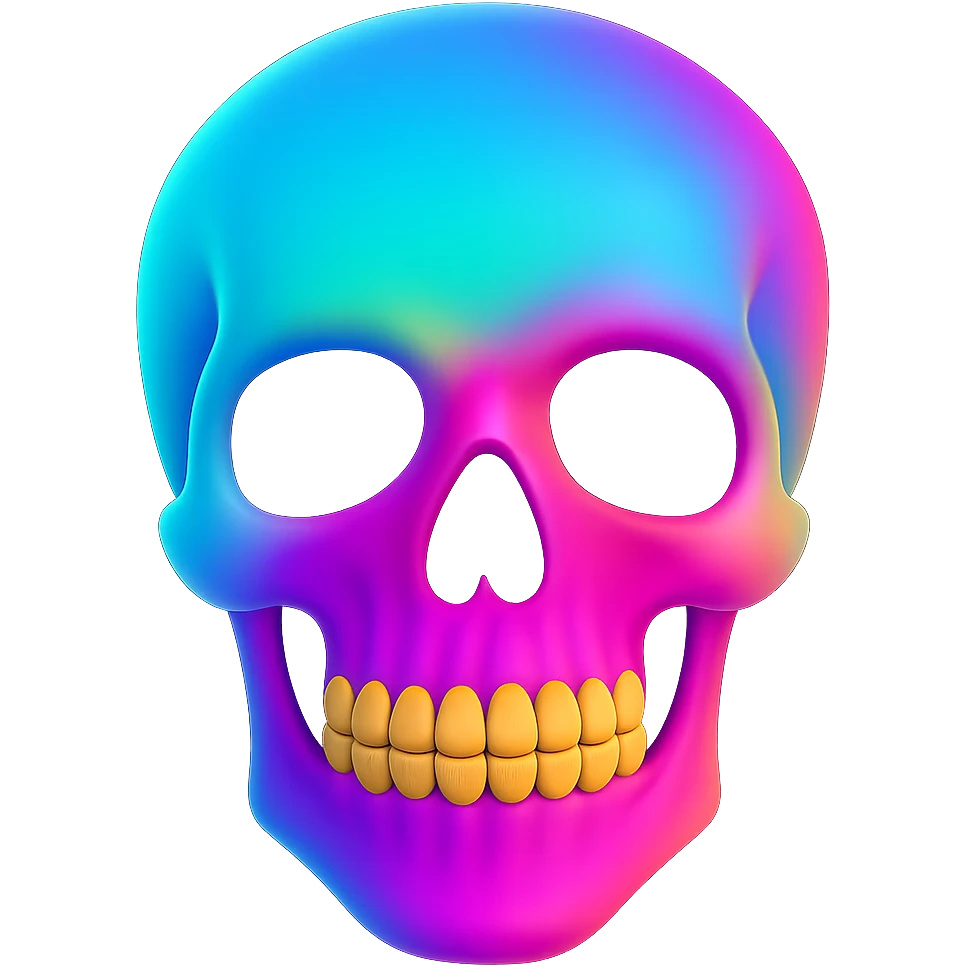 Edit the blown skull with a neon color palette in a 3D emoji style. Keep the background transparent. Note: The original 3D emoji style does not support editing, so using the general style while preserving the 3D emoji look. emoji