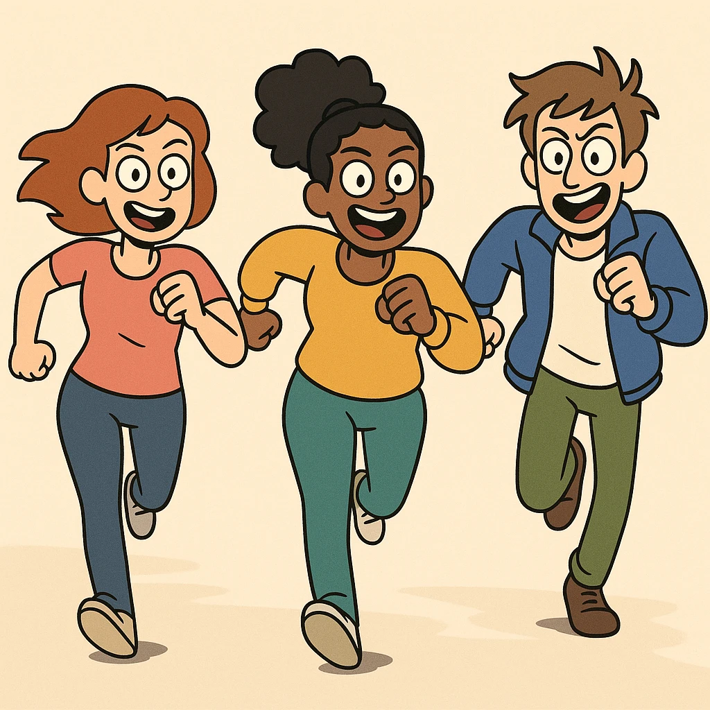 three people running head-on, energetic expressions, diverse clothing colors, simple background emoji