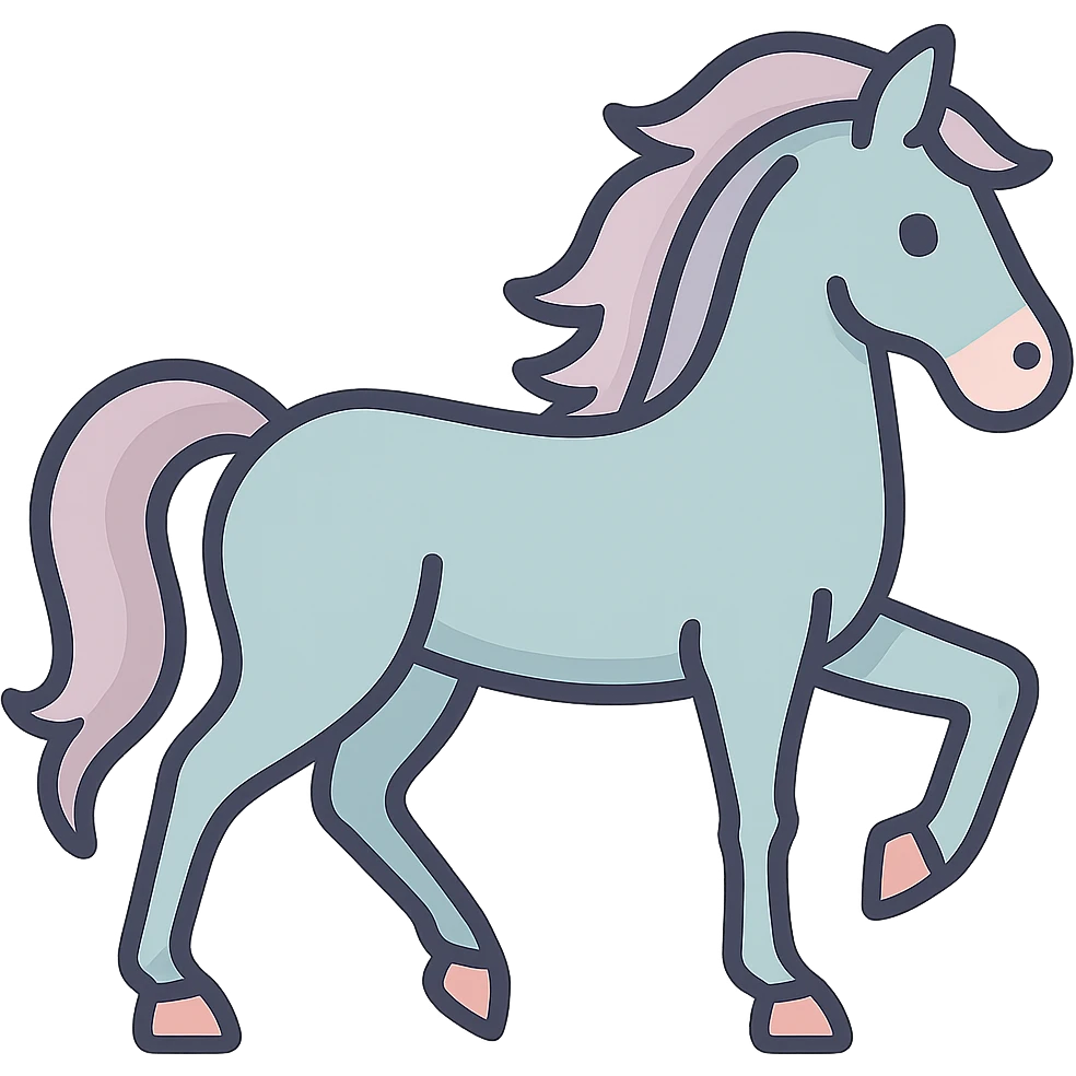 Depict a horse exactly like the reference image in color, style, details, face, mane, tail, shadows, and highlights, preserving all these elements. Change the pose to match the sketch reference with the body and legs positioned exactly as in the sketch. Use the icon-color-outlined style with a pastel palette of #98B5BC, #B5B3C1, #C9A3C9, #E4C0CA, #F7DCD1, #F7C0AA. Transparent background, no decoration. emoji