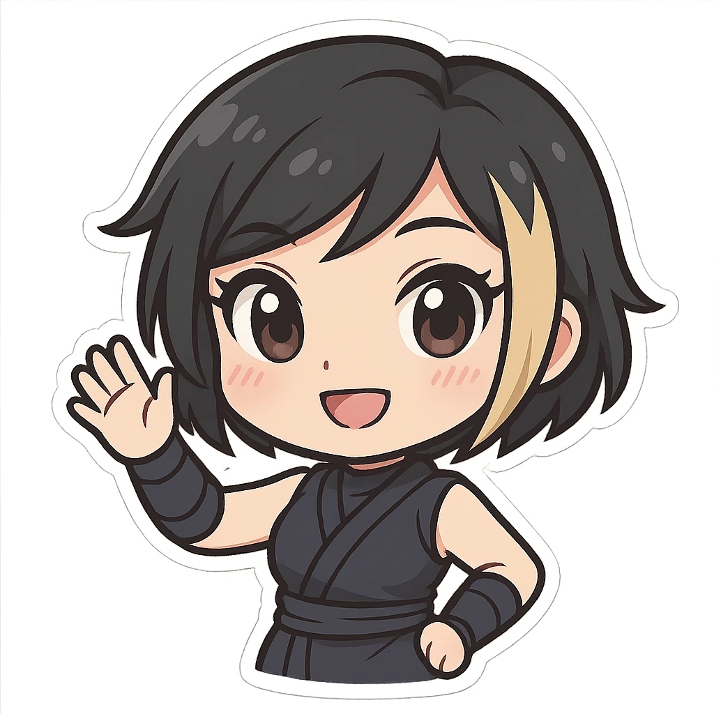 Chibi ninja girl with black short hair and a blonde streak, big head, small body and arms, not overly round or infant-like, cute and playful, anime-style face with large expressive eyes, small nose and mouth, subtle blush, hand fully raised, waving to the left, smiling, pastel colors, soft shading, clean outlines, no mask, transparent background, face looks sexy with slightly parted lips, confident gaze, longer lashes, subtle contouring, for animation frame 1 emoji