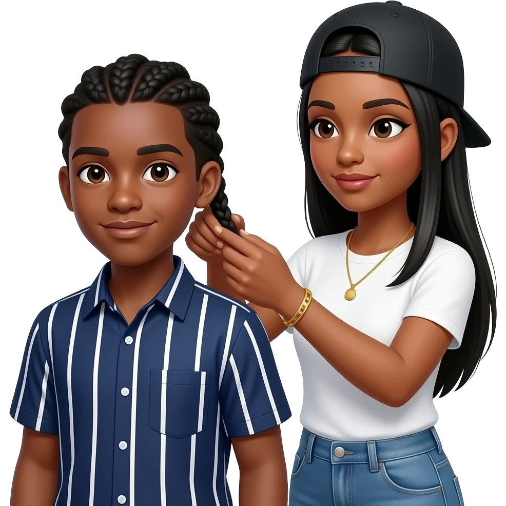African American teenage boy wearing a navy blue button up shirt with white vertical stripes getting hair braided by a African American woman with long straight black hair wearing a adjustable black cap to the back and denim jeans wearing a white t shirt and a gold tennis necklace and gold bracelet emoji