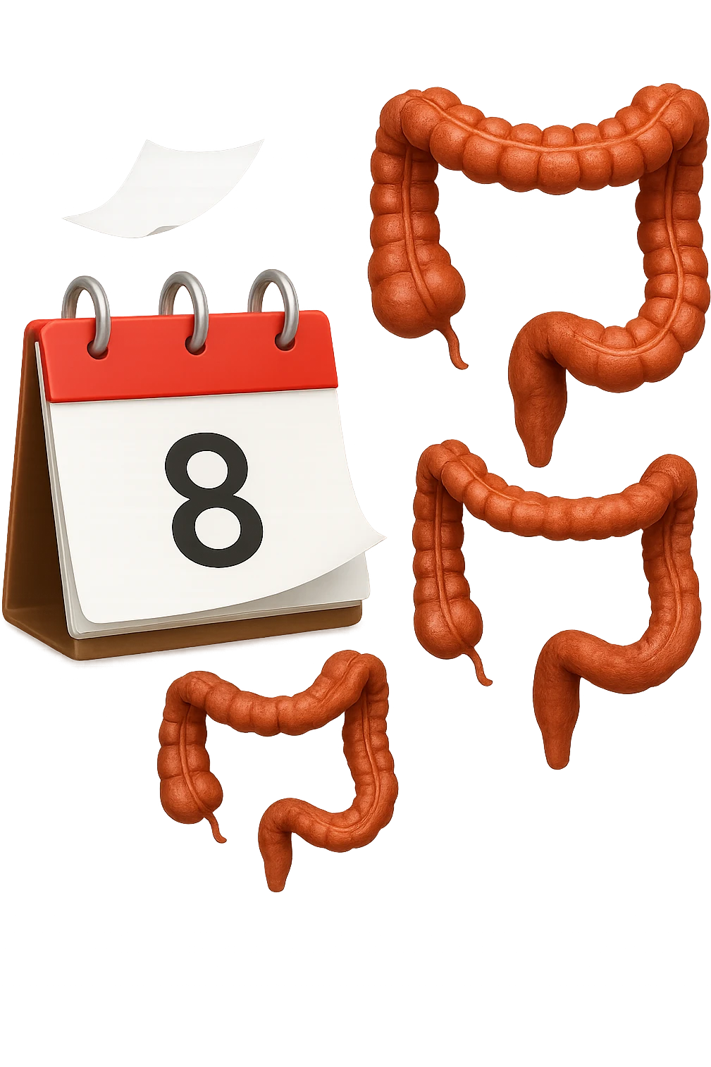 emoji stile iphone di un calendario con fogli che volano insieme a pezzi anatomici di colon umano, iperrealistico 4k, isolato su sfondo bianco emoji