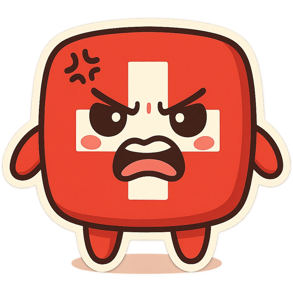 an angry Swiss flag with an expressive face, bold red and white colors, cartoon style emoji