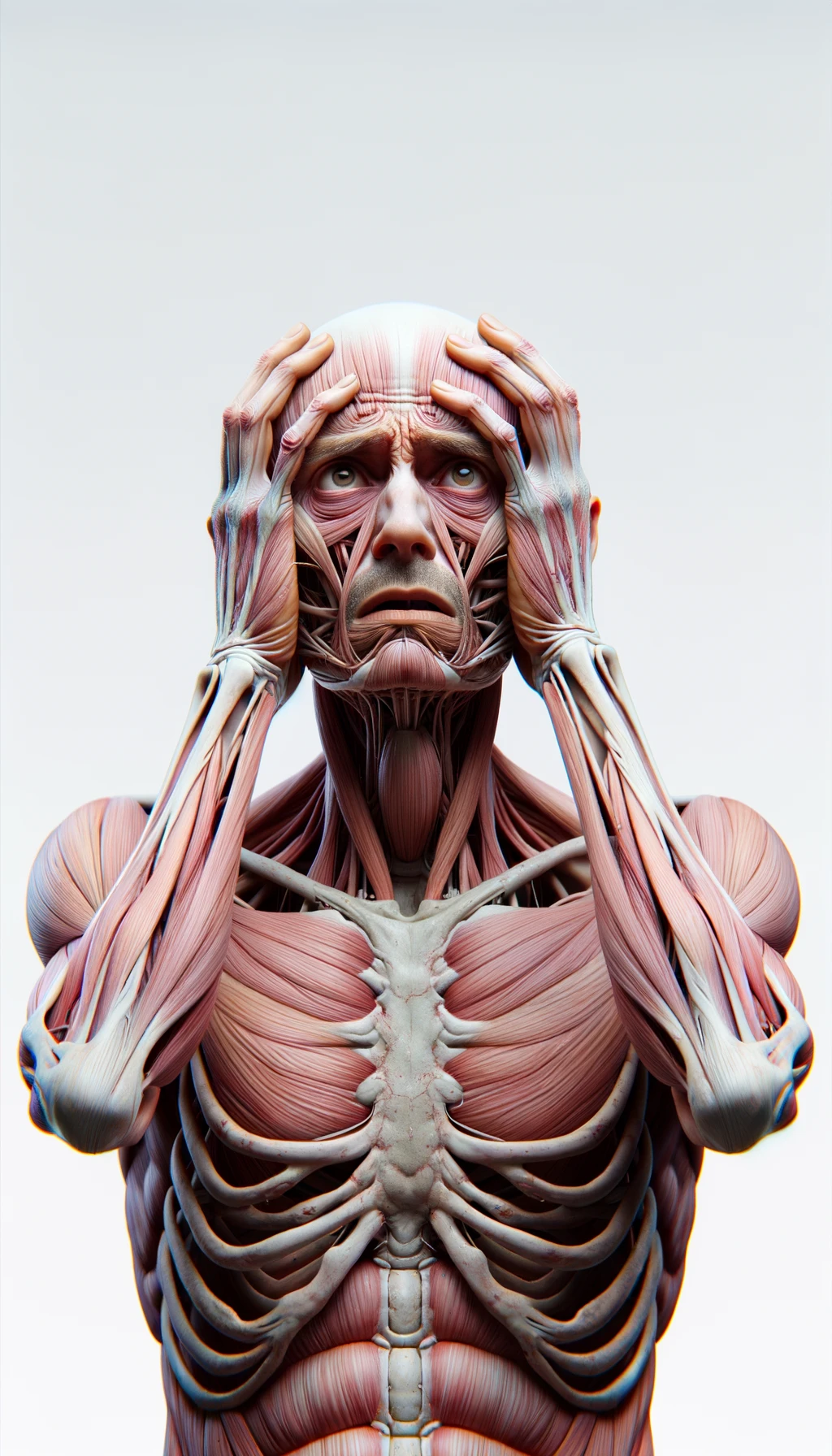 CORPO UMANO ANATOMICO REALISTICO CON COLORI REALISTICI DISPERATO, POSA FRONTALE,  SI TIENE LE MANI SULLA FRONTE E NON SA COSA FARE, SUDATO, IPERREALISTICO 4K, SFONDO BIANCO emoji