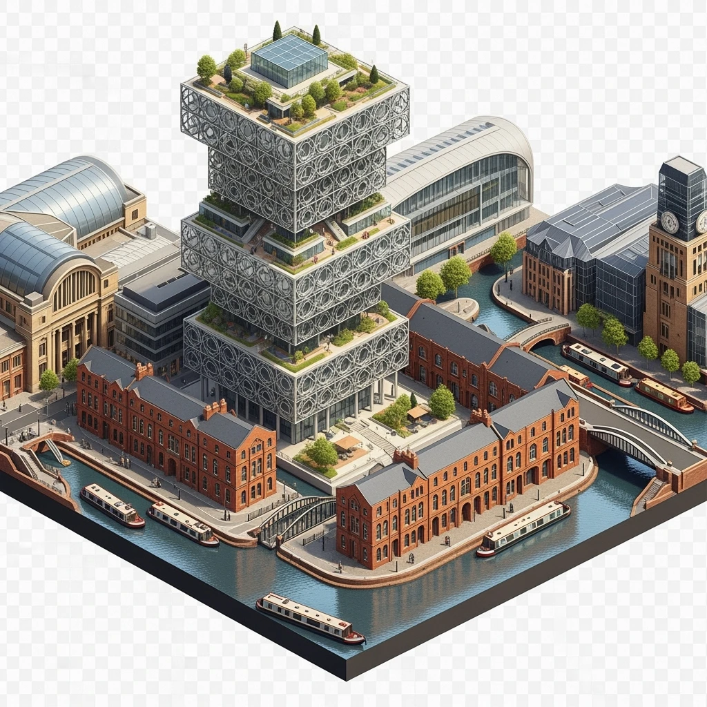 Isometric illustration of Birmingham, featuring the Library of Birmingham with its modern architecture and nearby canals, highly detailed in semi-realistic style, balanced between stylized and realistic, 3D miniature effect, transparent background. emoji