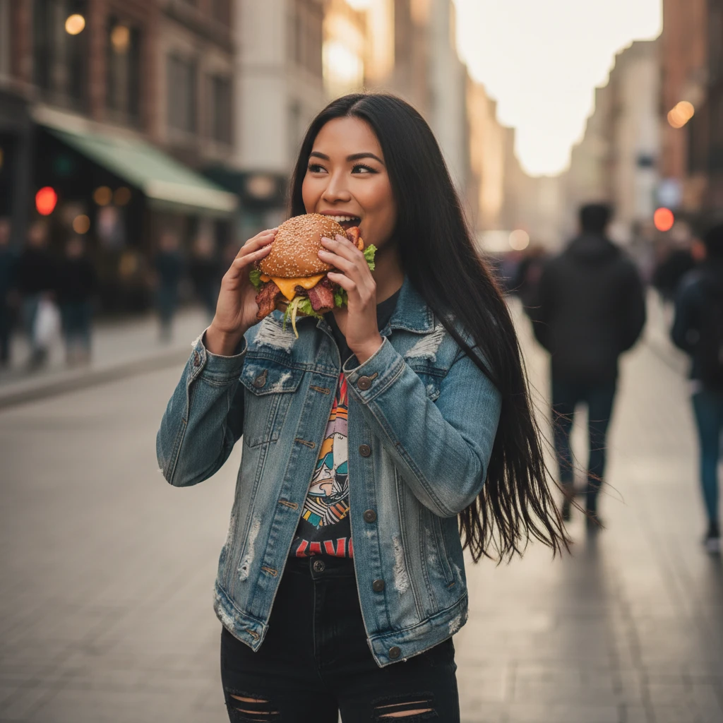 A full-length photo of a girl with long black hair holding a burger emoji
