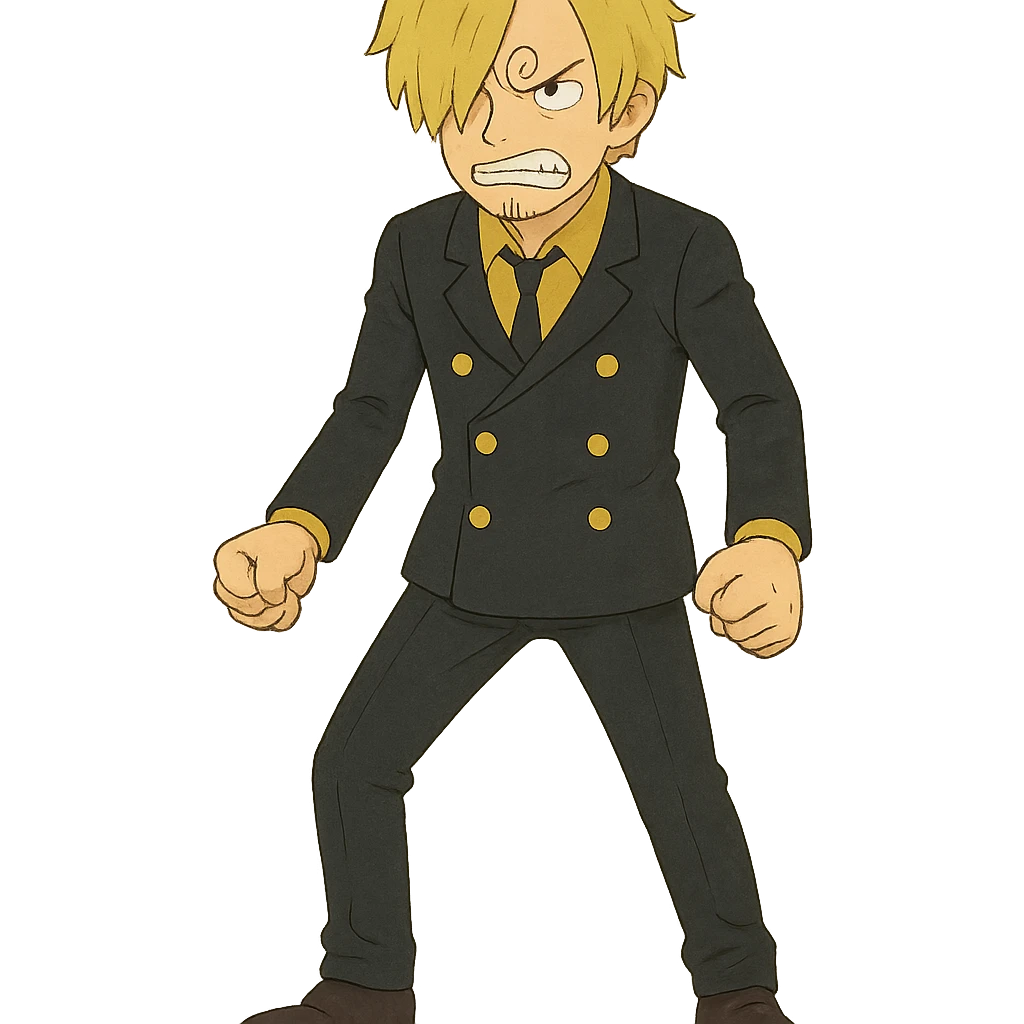 Sanji from One Piece, anime style, angry expression, full body, curly eyebrow, blond hair, black suit, clenched fists emoji