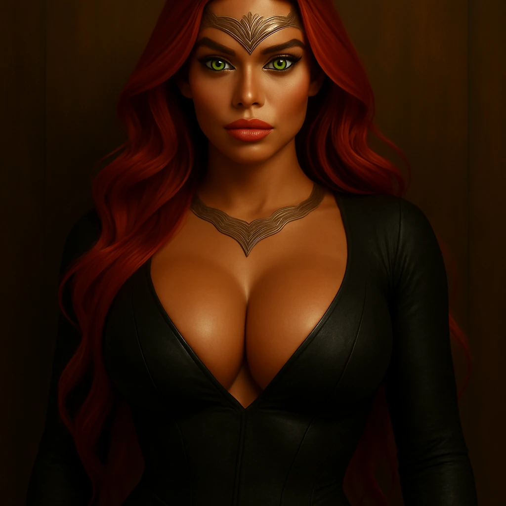 Extend the image to show more of her torso ending at her hips. Maintain her hyper realistic, ethereal goddess appearance with glowing bright green eyes, larger pouty lips, much larger breasts with more cleavage, bronzed skin, long bright red hair, and a silver crown-like tattoo on her forehead. Do not include a witch hat. emoji