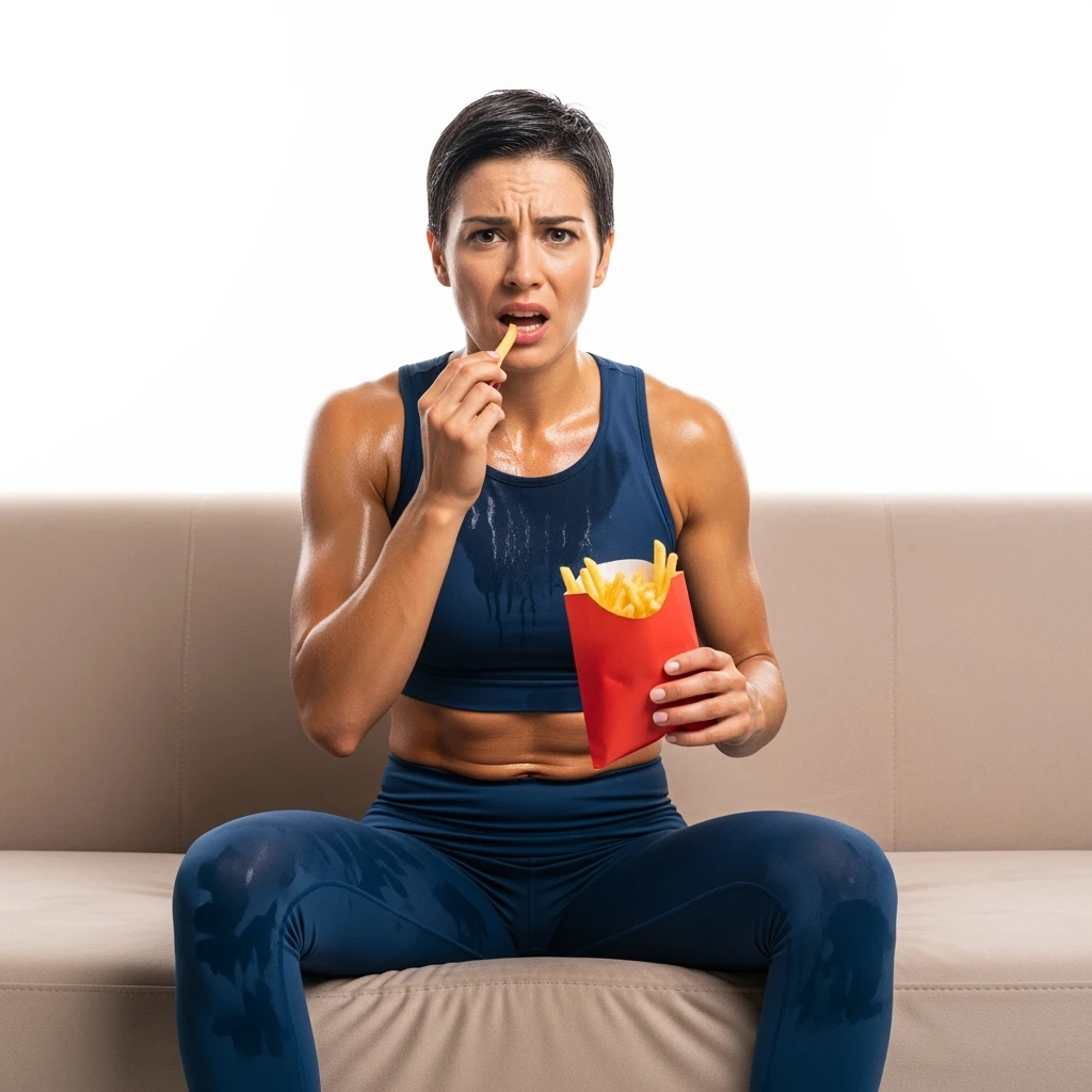 DONNA FITNESS ITALIANA STRESSATA CHE MANGIA PATATINE SUL DIVANO, IPERREALISTICA 4K, ISOLATA SU SFONDO BIANCO emoji