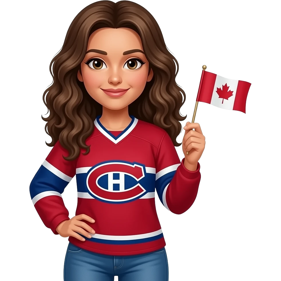 Habs Canadian fan red jersey emoji, tanned lady with  long brown curly hair emoji