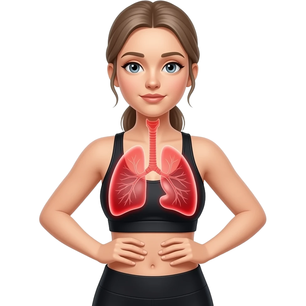 breathing, red glow on left and right lung area, woman with hands on ribs, fair-skinned woman, gray-blue eyes, ash brown brows, ash light brown hair tied back, slim athletic body, black workout set emoji