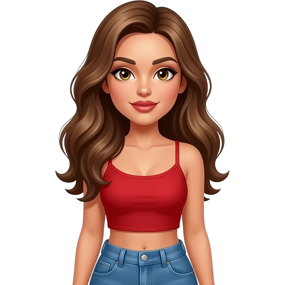 woman with tan glowy skin, hazel eyes almond with long lashes, softly arched brows, full lips, dark blonde flowing hair, delicate feminine sexy features, wearing a red crop top and blue low waist jeans, confident and femenine and glam makeup. emoji
