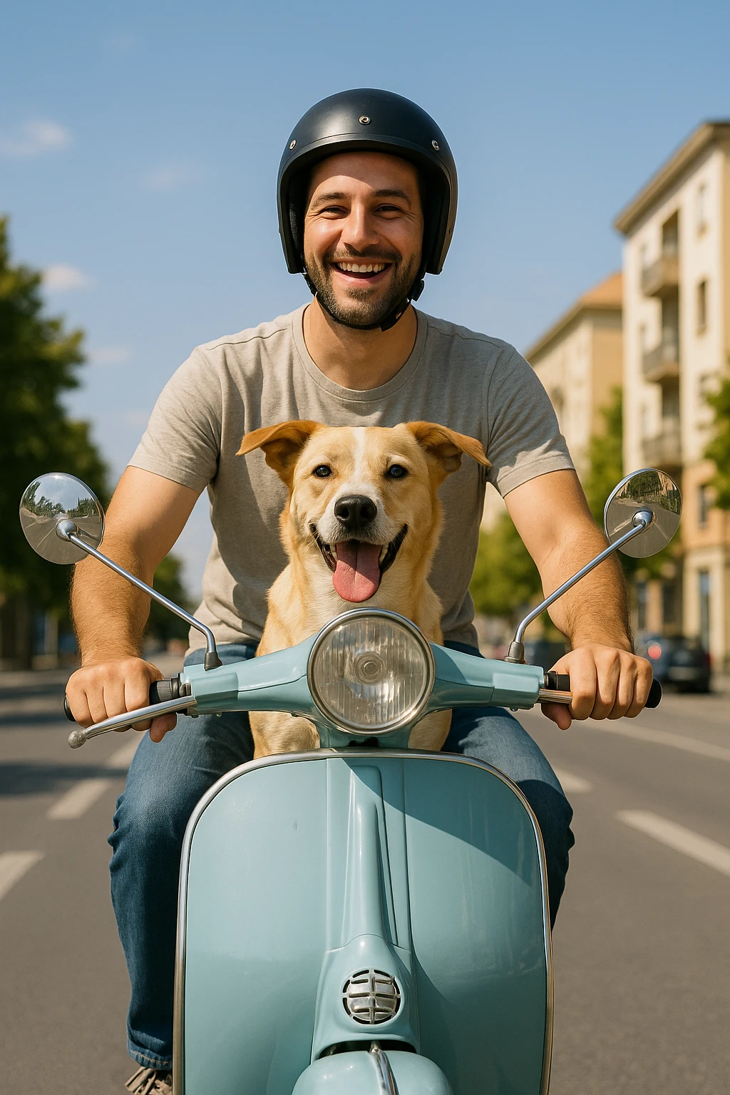 man and his pet dog riding a vespa emoji