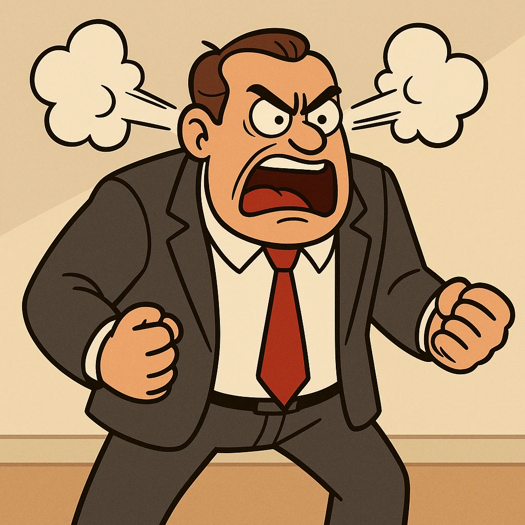 enraged male boss, business suit, steam coming from ears, cartoonish, dramatic pose emoji