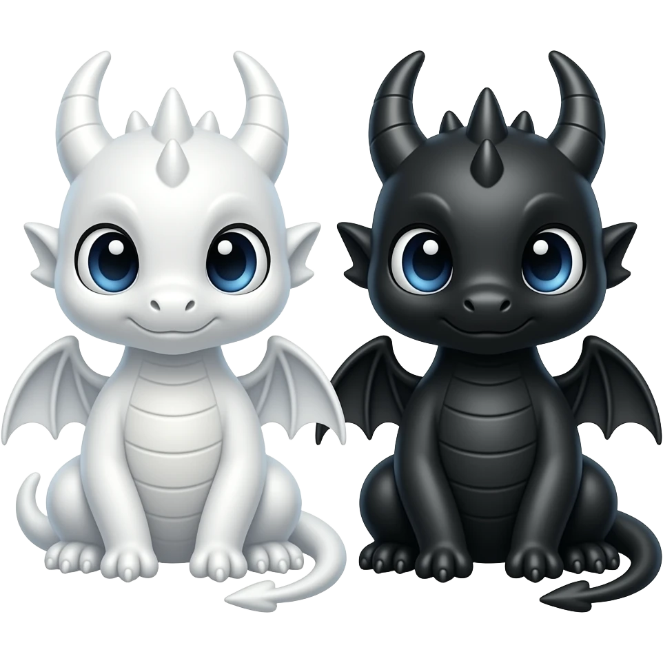 Two cute dragons (white  and black) sitting side by side, facing forward, big expressive eyes, small rounded bodies, folded wings. Apple iOS emoji style, soft 3D, glossy, minimal, centered, transparent background. emoji