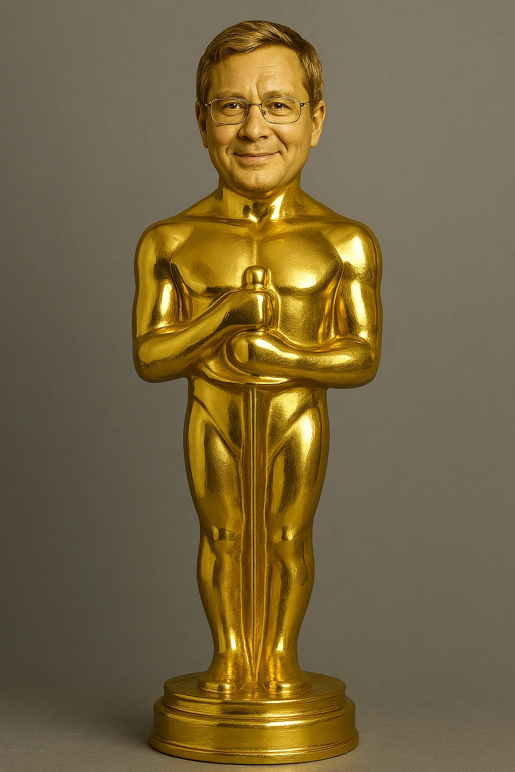 Сгенерируй мне такую же сувенирную статуэтку, только с лицом человека которого я прикрепил. Статуэтка должна быть полностью из такого же золота  emoji