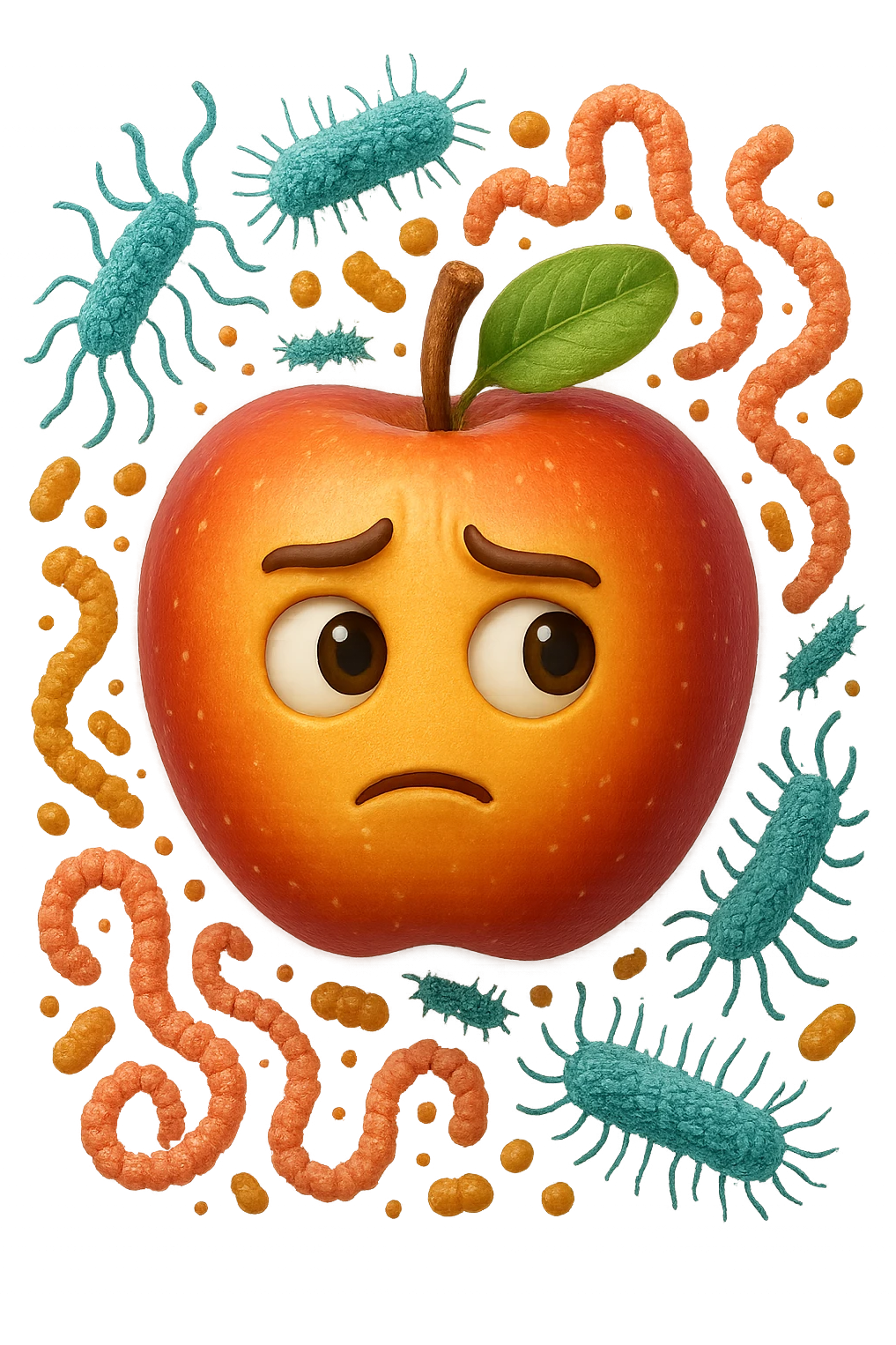 EMOJI STILE IPHONE DI una mela con espressione dubbiosa che intorno ha dei batteri intestinali, IPERREALISTICO 4K emoji