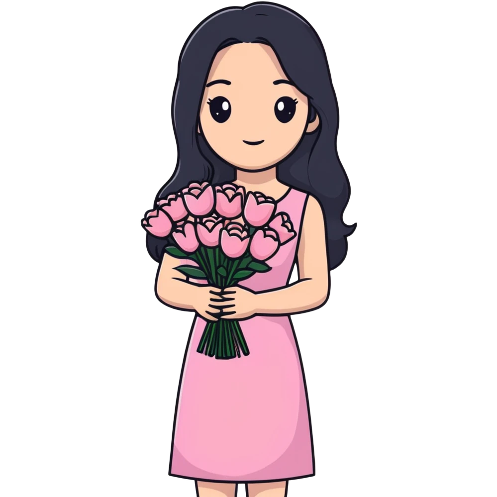 beautiful young woman with long black hair, fair skin, wearing pink dress and holding a bouquet of flowers emoji