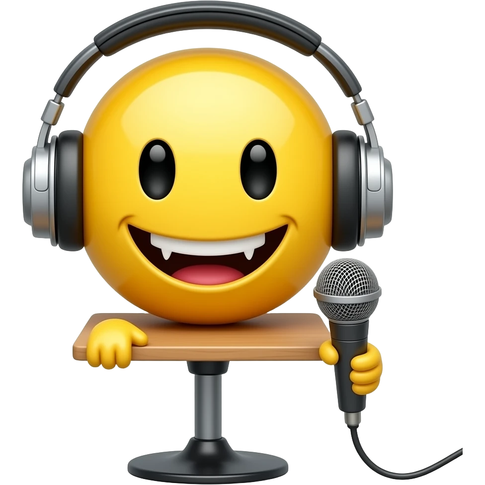 Vampire yellow smiley face no hair and no desk with headphones and a standing desk microphone emoji