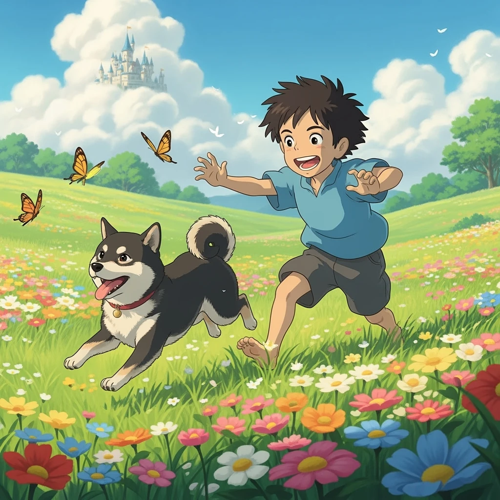 kid and his pet dog in studio ghibili style emoji