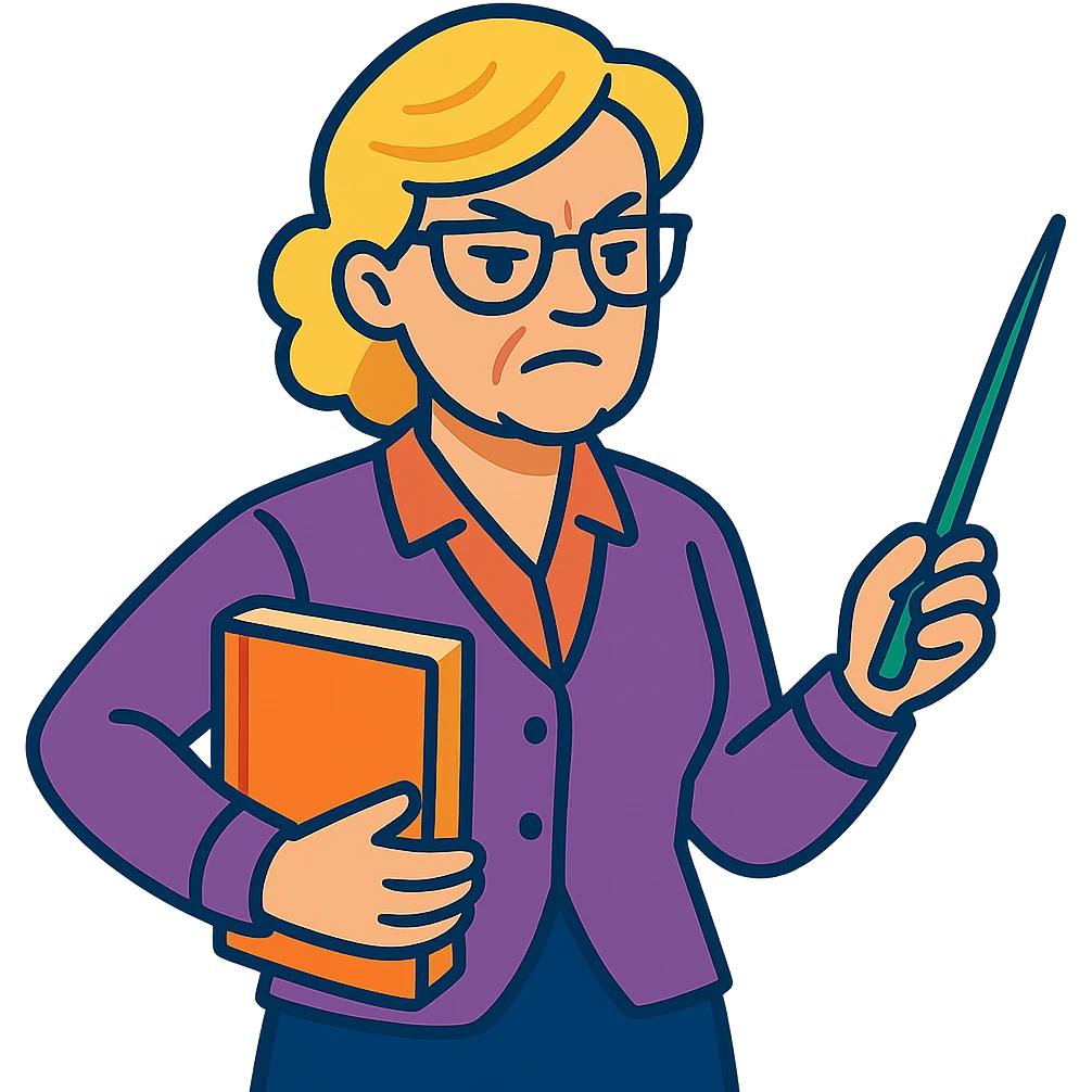 strict and fair senior category math teacher, blonde woman with glasses, vibrant toon style emoji