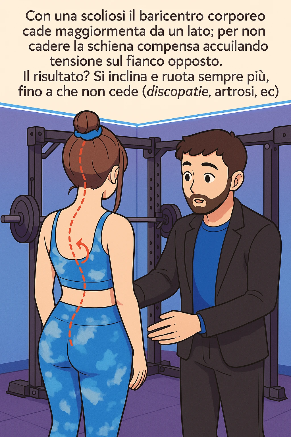 fai questa immagine in versione manga/webtoon a colori con stile di disegno carino e moderno, il manga mostra la donna di spalle, mentre l'uomo le tocca la spina dorsale per spiegarle come funziona la scoliosi:
Con una scoliosi il baricentro corporeo cade maggiormente da un lato; per non cadere la schiena compensa accumulando tensione sul fianco opposto.
Il risultato? Si inclina e ruota sempre più, fino a che non cede (discopatie, artrosi, ecc) emoji