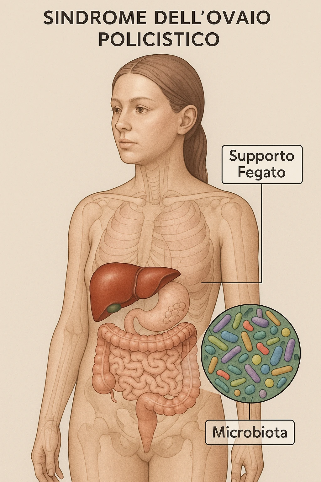 donna con supporto fegato e microbiota in 3D immagine medica donna pcos in italiano  emoji