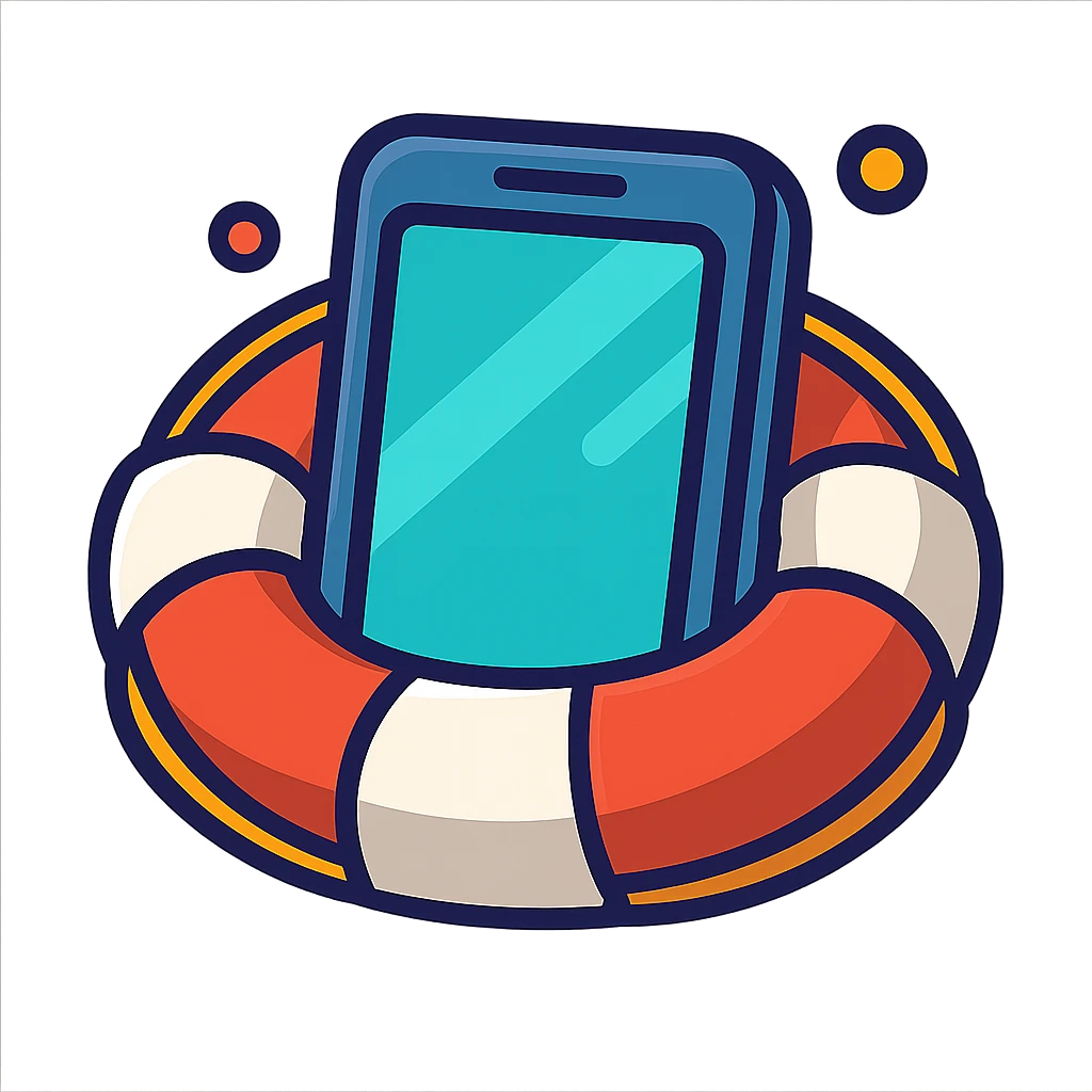 smartphone inside a lifebuoy, cartoon style, bright colors emoji