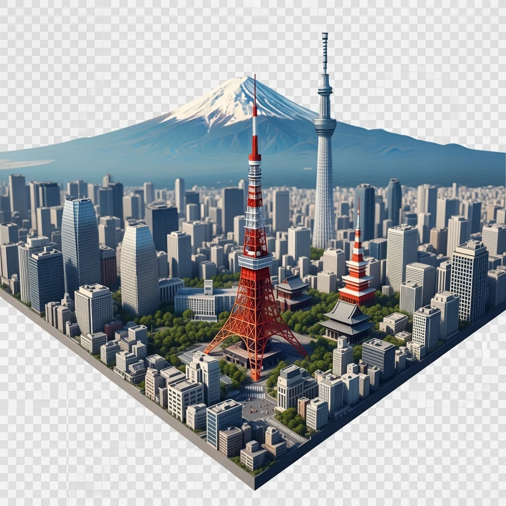 Isometric illustration of Tokyo, with photorealistic detailed miniature cityscape included Tokyo Tower, Skytree, Shibuya Crossing, Mount Fuji in background, balanced colors, subtle 3D miniature effect, no cartoonish look, transparent background. emoji