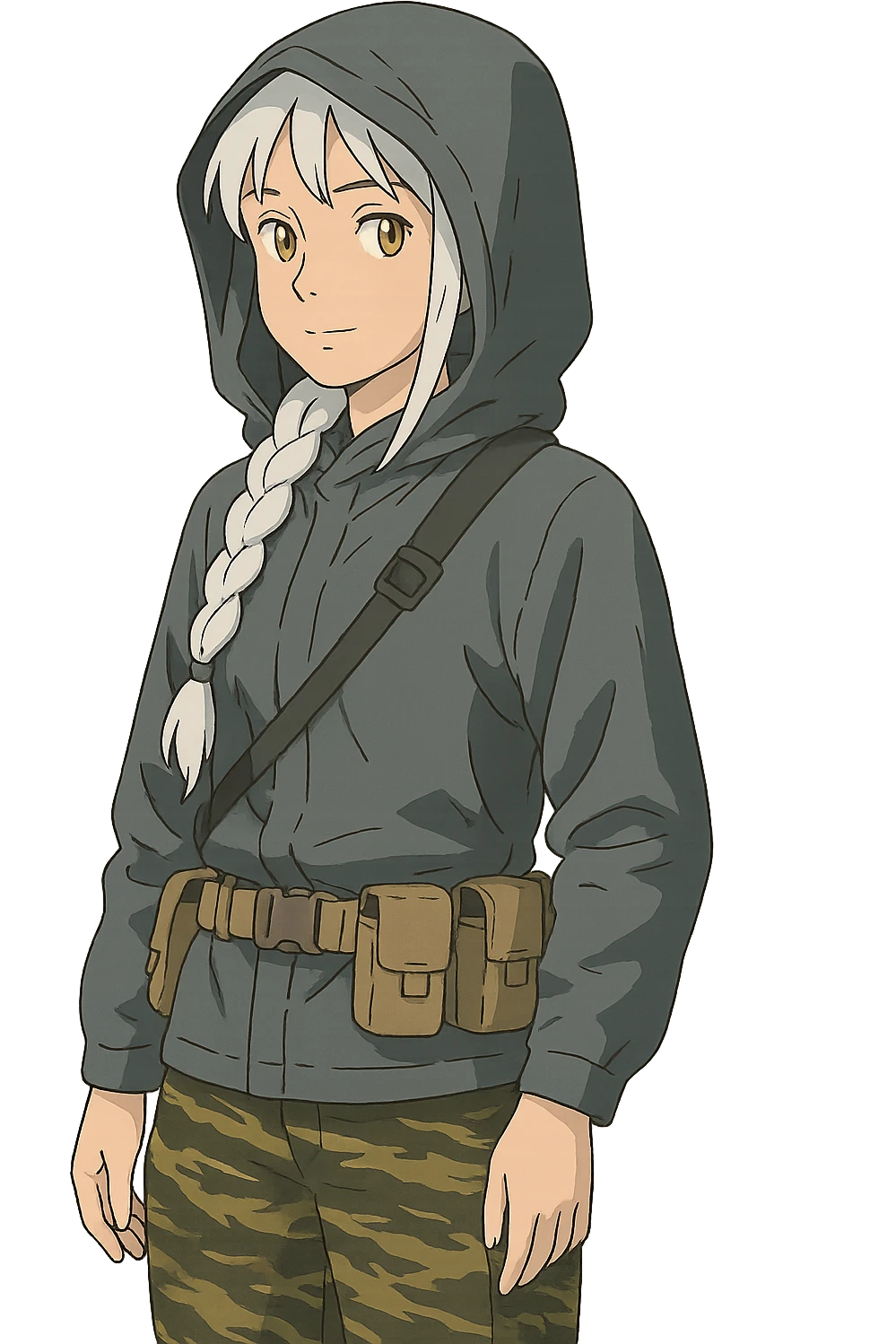 1 female, mid-20's  white hair long braid, gold yellow eyes, gray waterproof tactical shirt hoodie, hood up, single point sling, tan mag pouches on belt rig, tiger stripe camo pants,  emoji